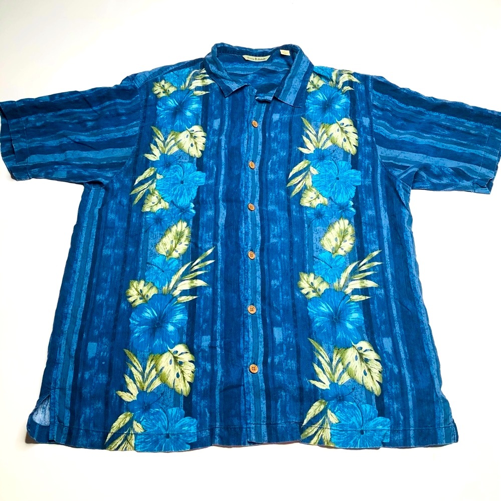 Tommy Bahama Mens XL Casual Button Down Tropical Blue & Green Hibiscus Pattern